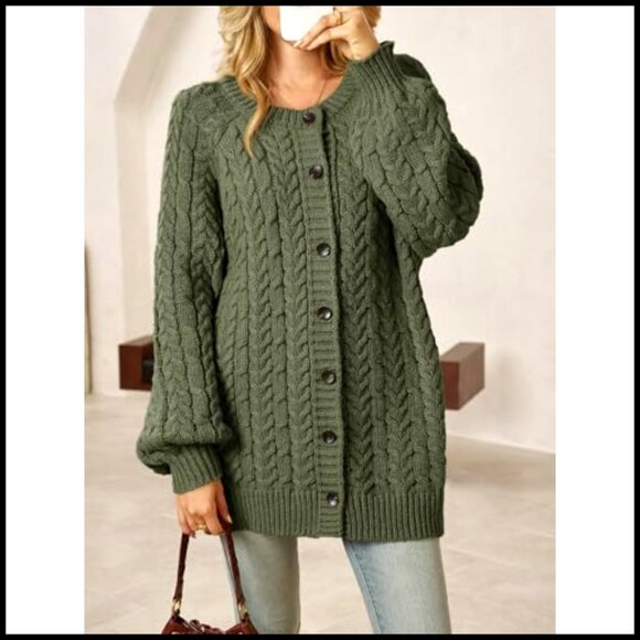 Oversized Cable Knit Cardigan, Chunky Button Down, Lantern Sleeve, Crew Neck - Picture 4 of 6